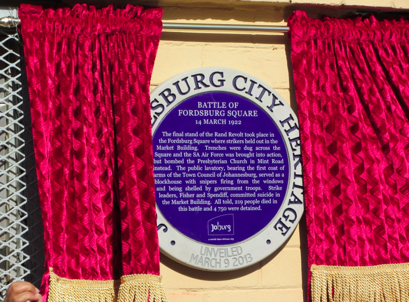 Battle of Fordsburg Square Lavatory Blue Plaque - 2013 - source unknown