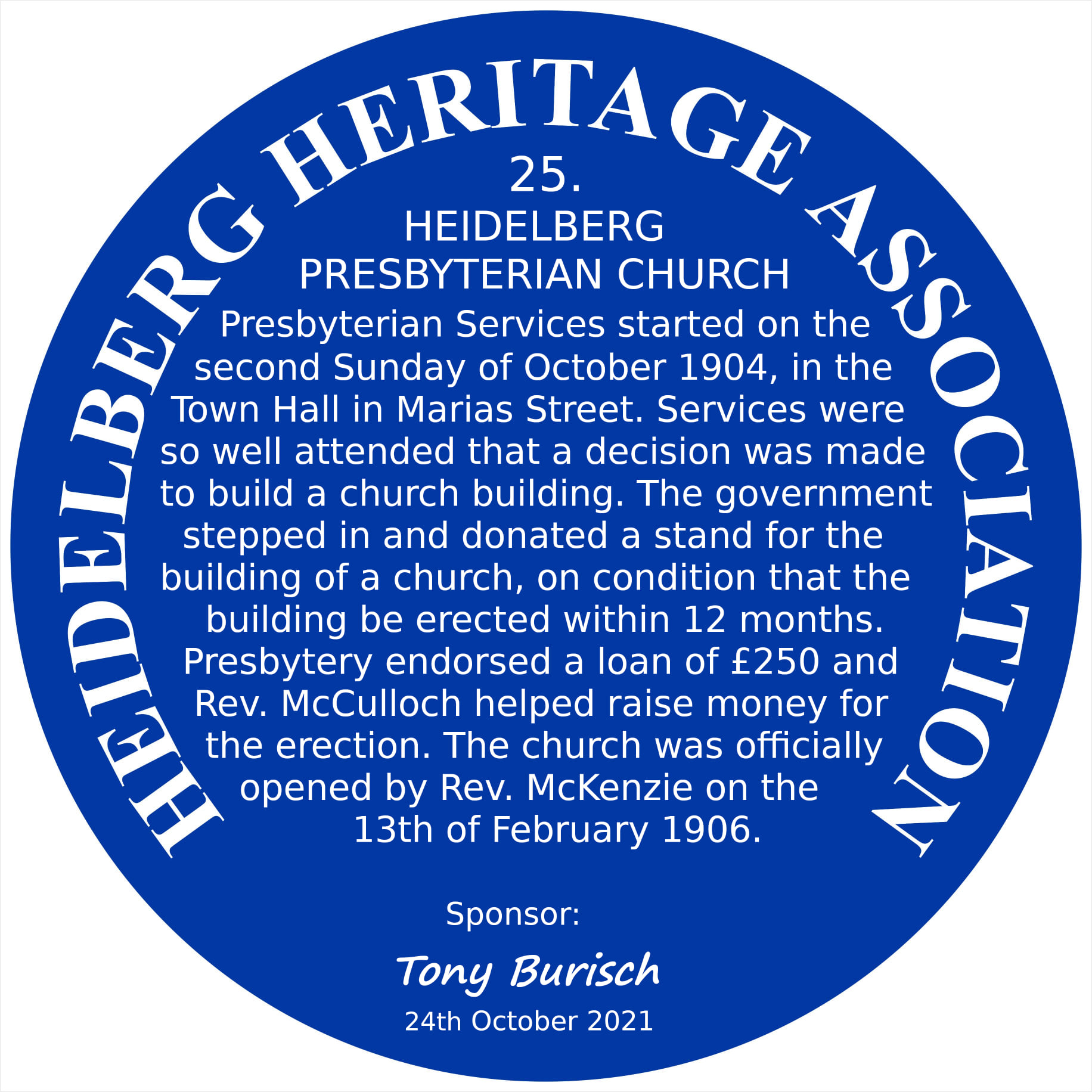 Blue Plaque 25 Heidelberg Heritage Association - Heidelberg Presbyterian Church