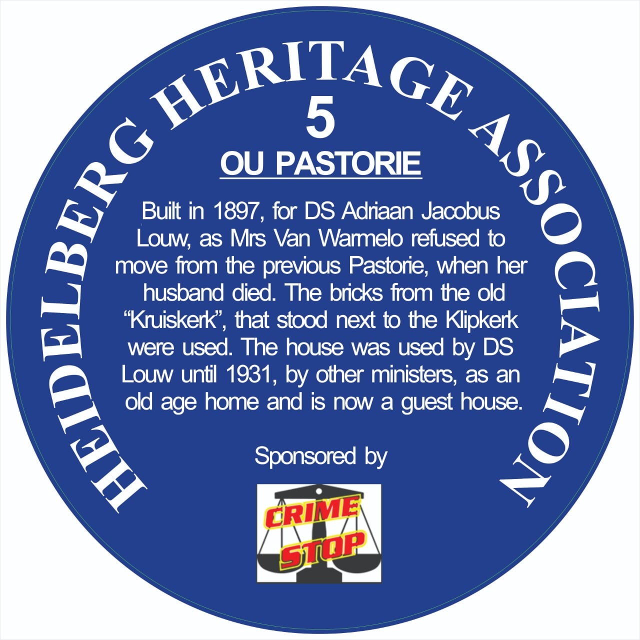 Blue Plaque 5 Heidelberg Heritage Association - Ou Pastorie