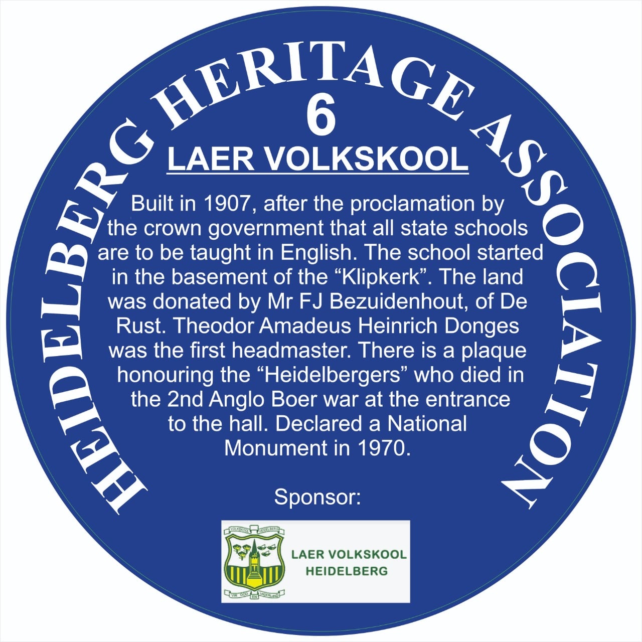 Blue Plaque 6 Heidelberg Heritage Association - Laer Volkskool
