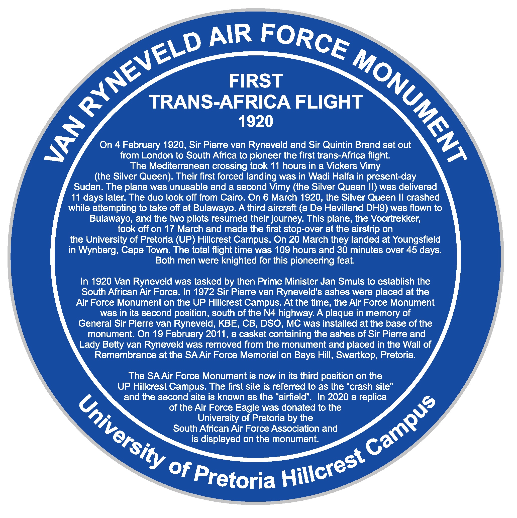 First Trans-Africa Flight 1920 Blue Plaque