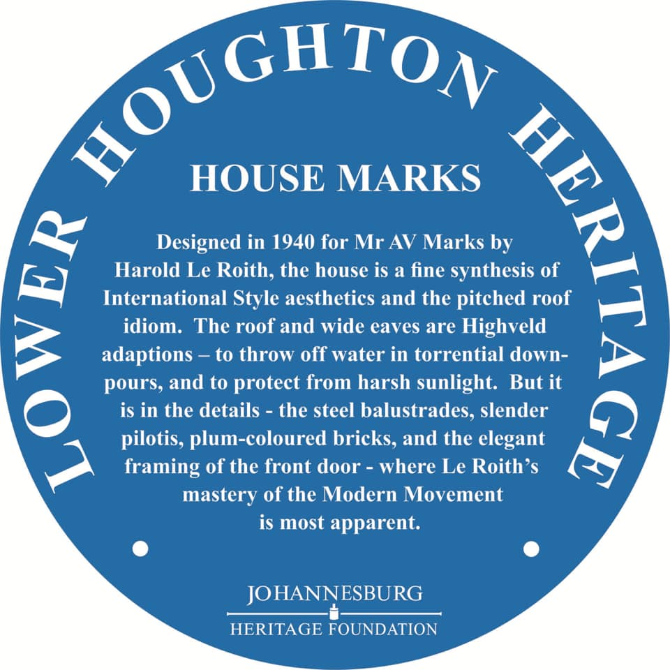 House Marks Blue Plaque - Johannesburg Heritage Foundation - 2021