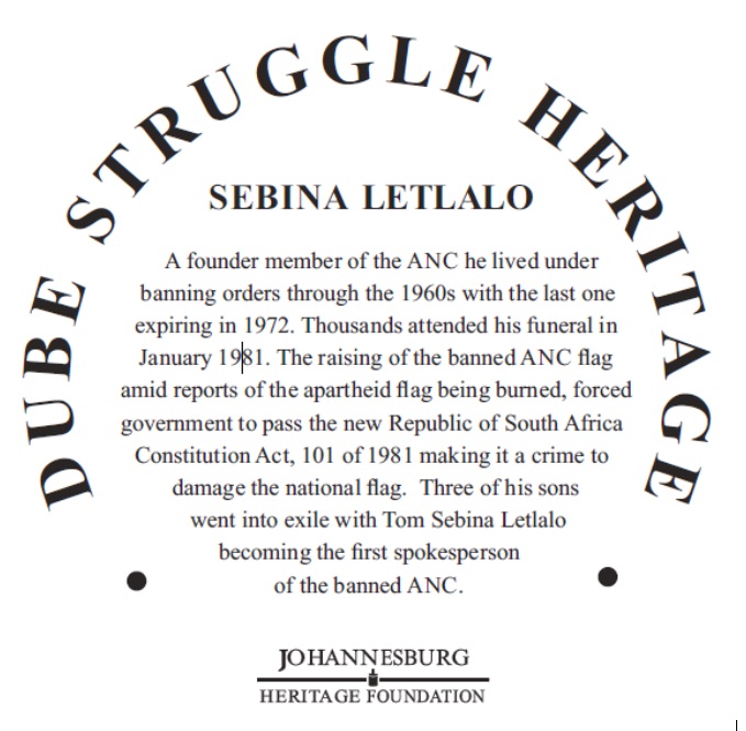 Sebina Letlalo Blue Plaque Inscription - Johannesburg Heritage Foundation