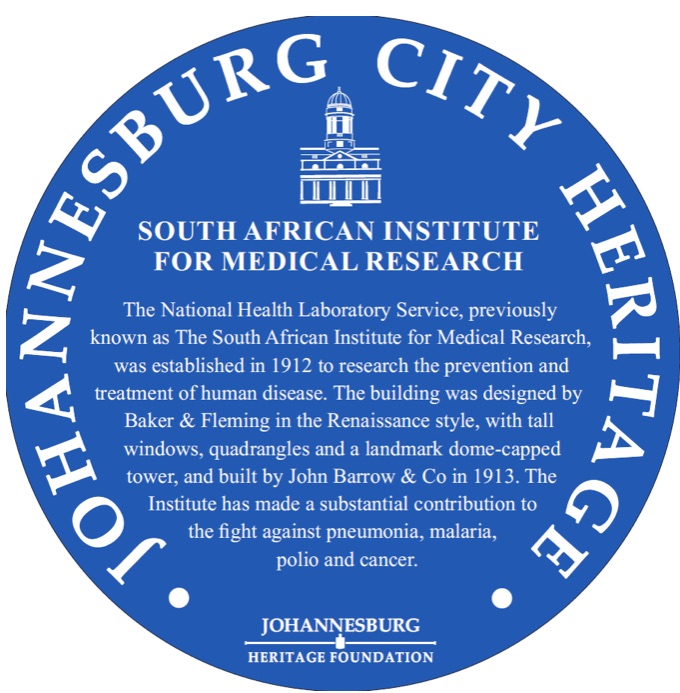 South African Institute of Medical Research Blue Plaque - Johannesburg Heritage Foundation