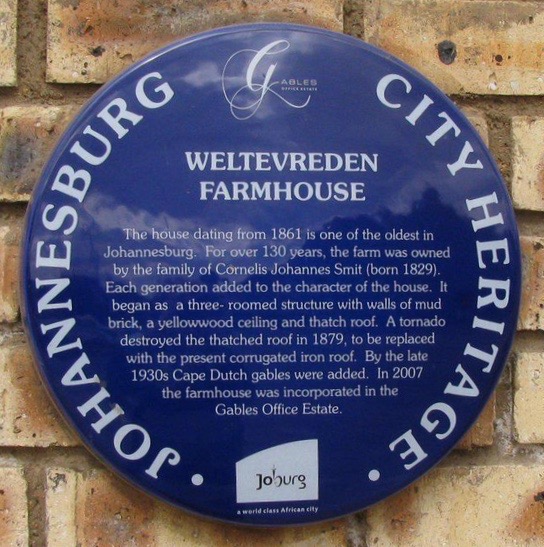 Weltevreden Farmhouse Blue Plaque - Source Unknown