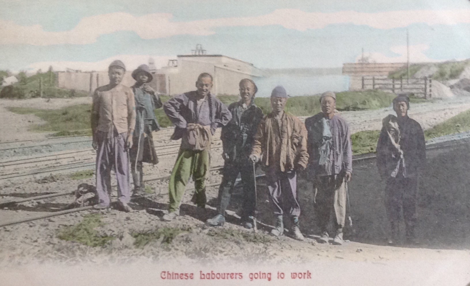 C2 - Hand coloured picture postcard showing Chinese labourers on their way to work via Carol Hardijzer