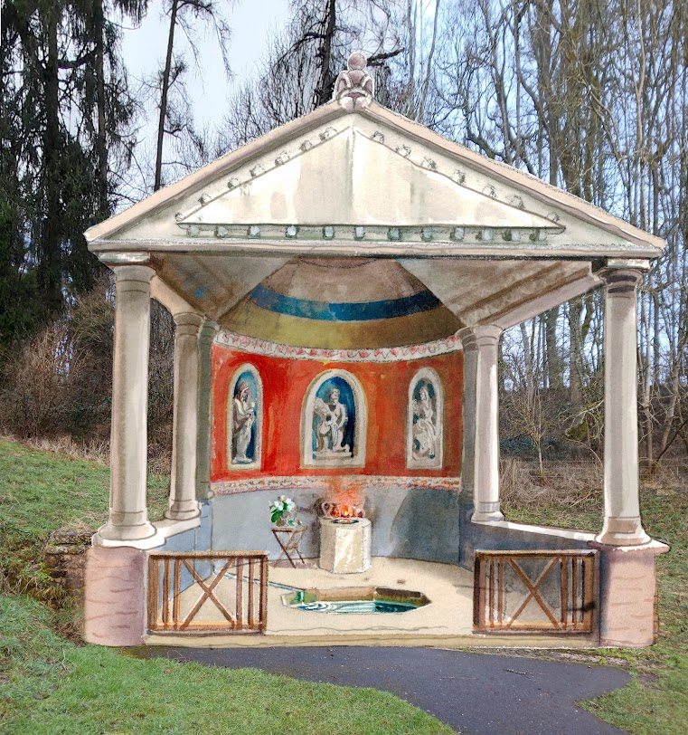 Recreation of the nymphaeum at Chedworth Roman Villa in the Cotswolds