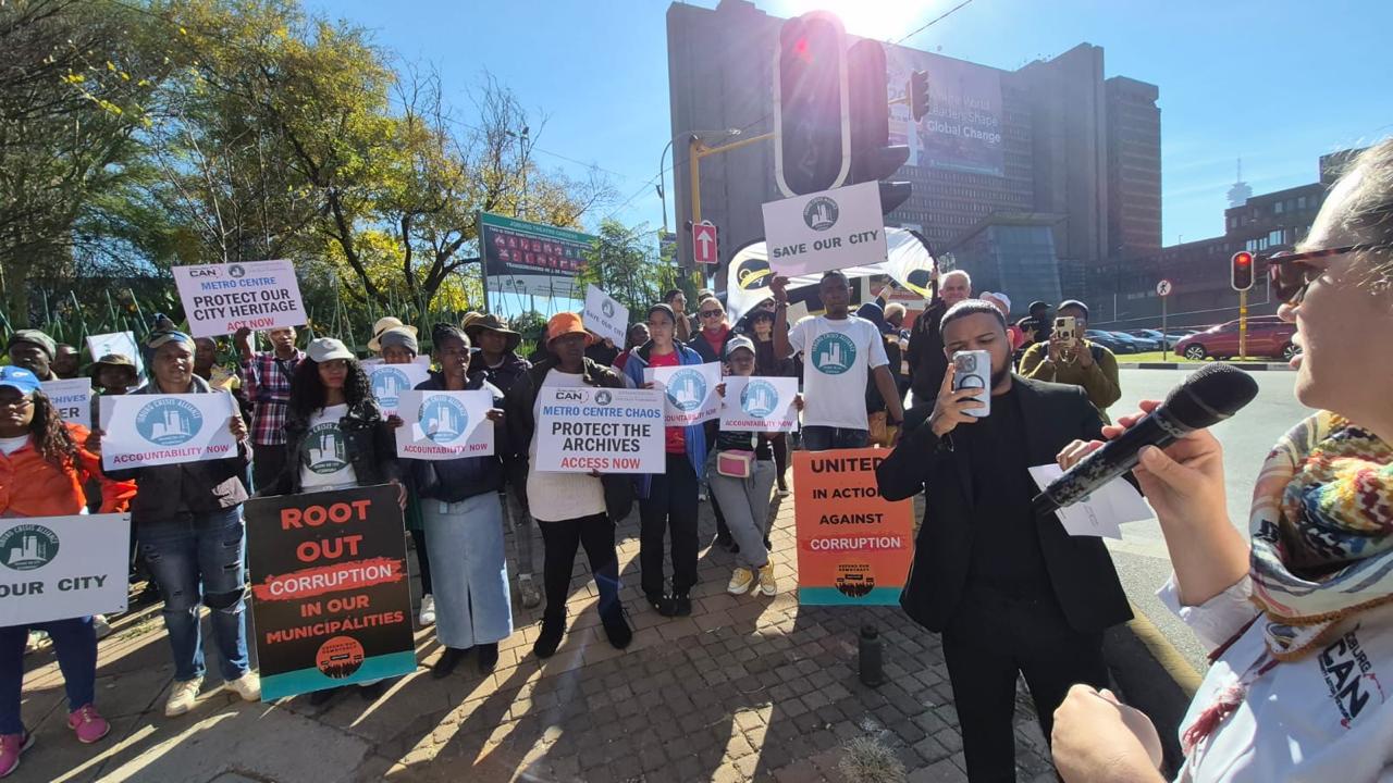 Protestors outside the Metro Centre