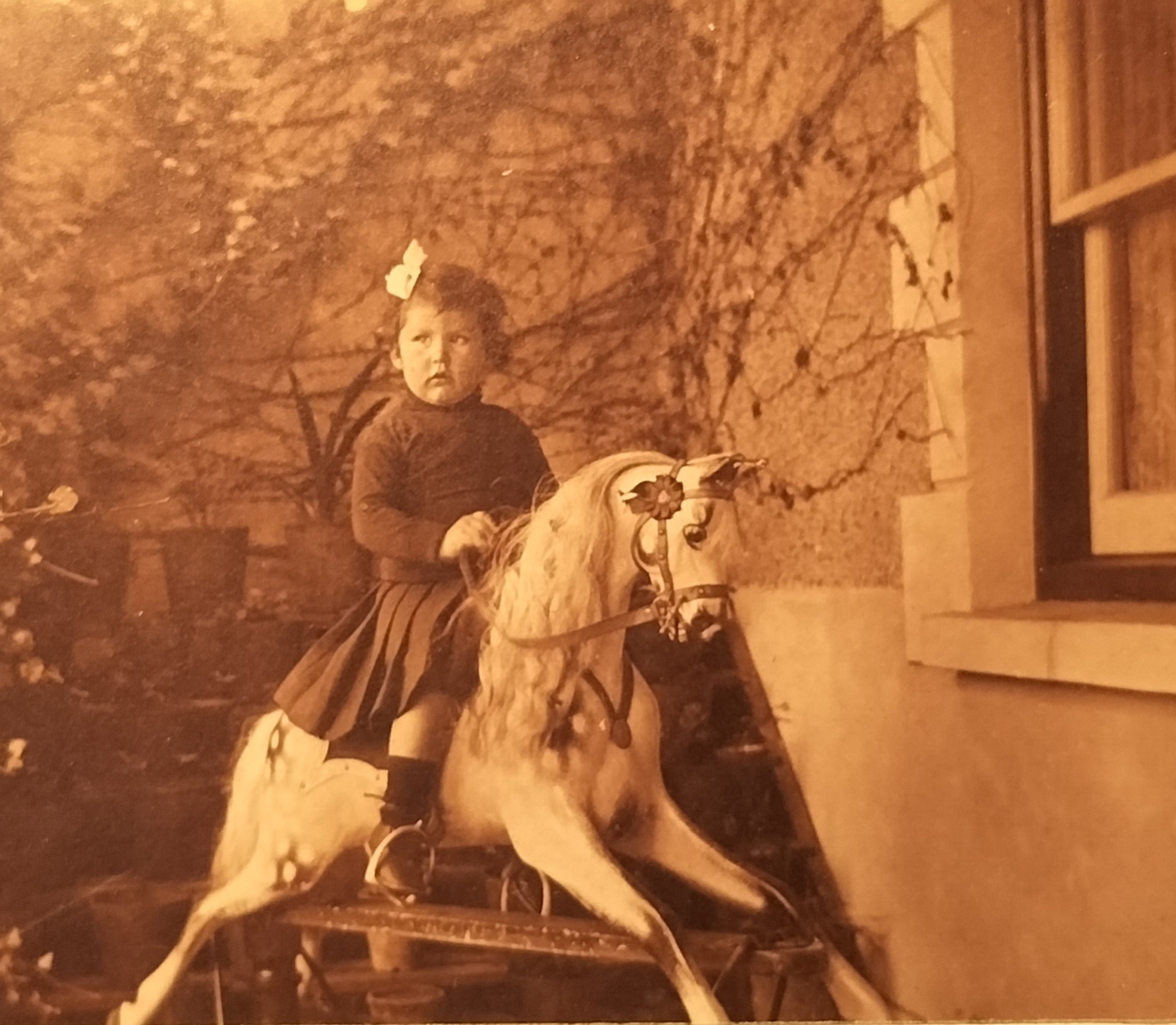 A grandchild on a rocking horse in the back garden