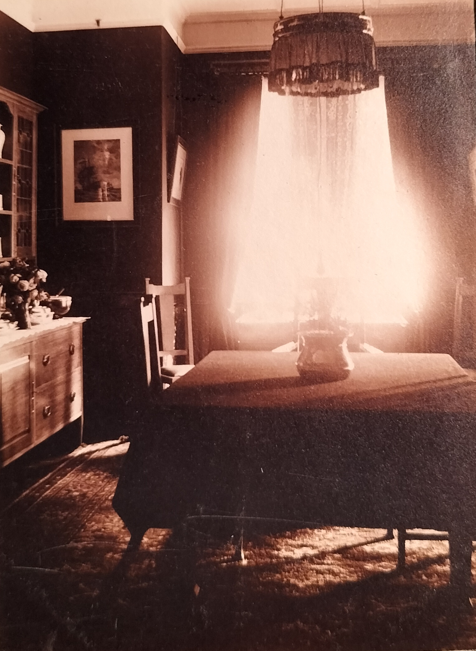 Dining room with its thick Persian carpet. The sideboard on the left was photographed separately later. The photographer also had a love for flowers and plants in the house in that they appear in almost all the photographs.