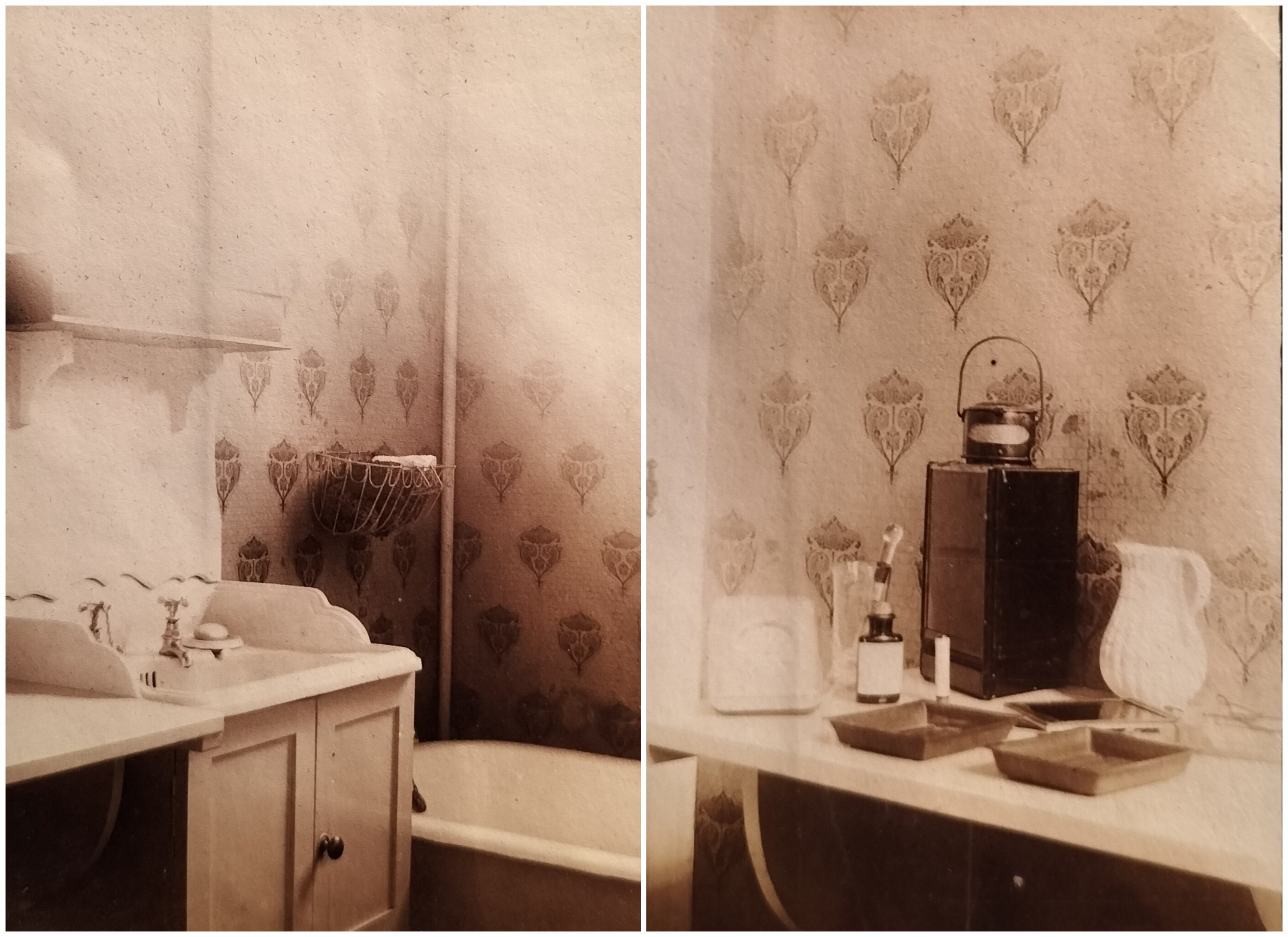 In the bathroom which seems to have been fitted with wallpaper
