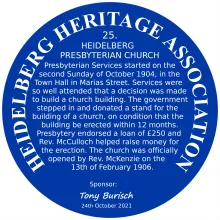 Blue Plaque 25 Heidelberg Heritage Association - Heidelberg Presbyterian Church