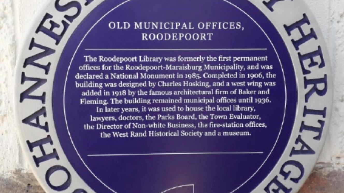 Old Municipal Offices Roodepoort Blue Plaque - City of Johannesburg
