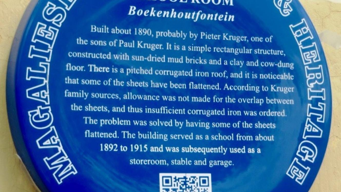 The Old School Room Boekenhoutfontein Blue Plaque - Kathy Munro