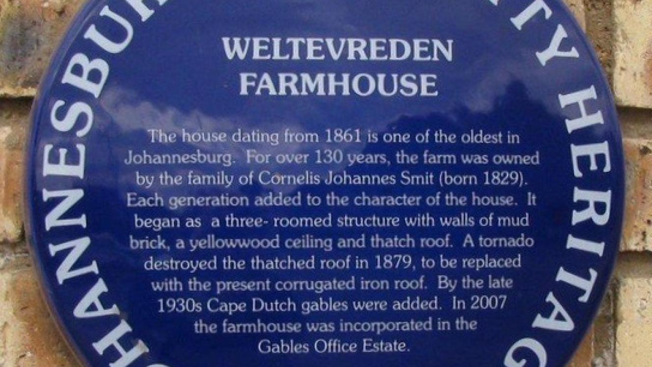 Weltevreden Farmhouse Blue Plaque - Source Unknown