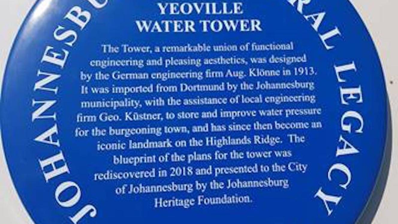 Yeoville Water Tower Blue Plaque - Kathy Munro