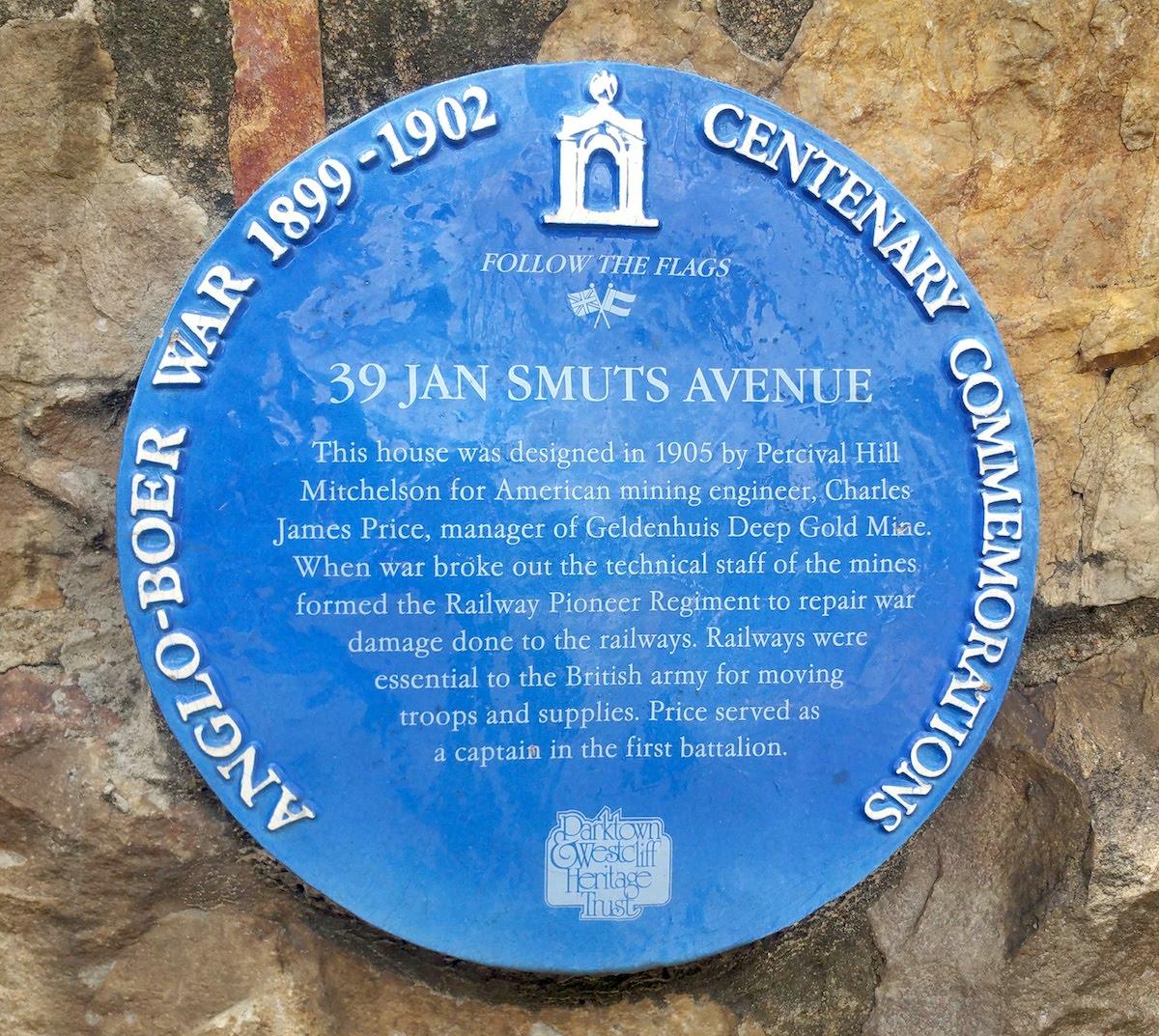 39 Jan Smuts Avenue Blue Plaque - Heritage Portal - 2017