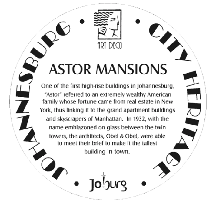 Astor Mansion Blue Plaque Design - sourced by Kathy Munro