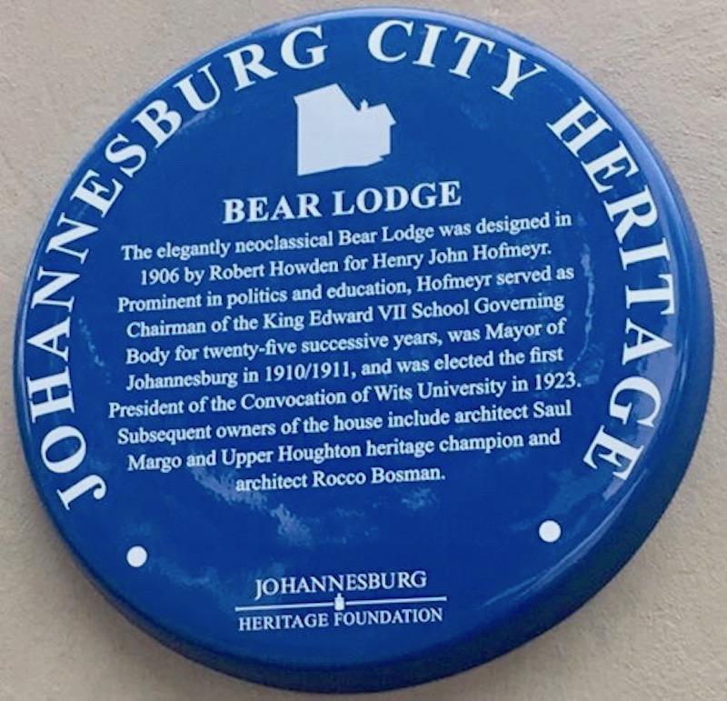 Bear Lodge Blue Plaque - Johannesburg Heritage Foundation