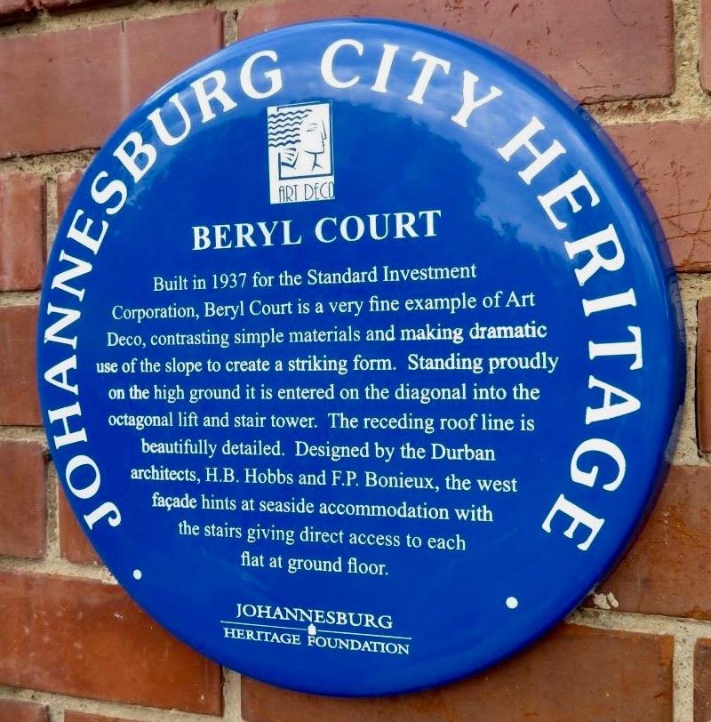 Beryl Court Blue Plaque - Johannesburg Heritage Foundation - 2018