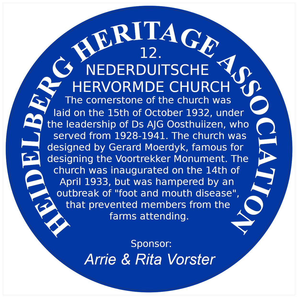 Blue Plaque 12 Heidelberg Heritage Association - Nederduitsche Hervormde Church