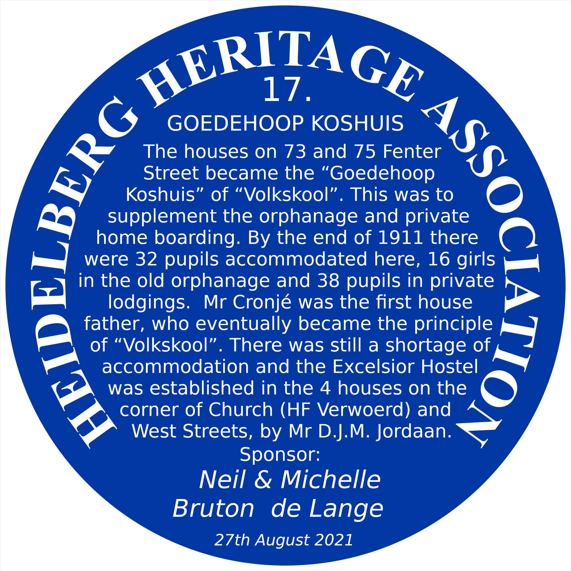 Blue Plaque 17 Heidelberg Heritage Association - Goedehoop Koshuis