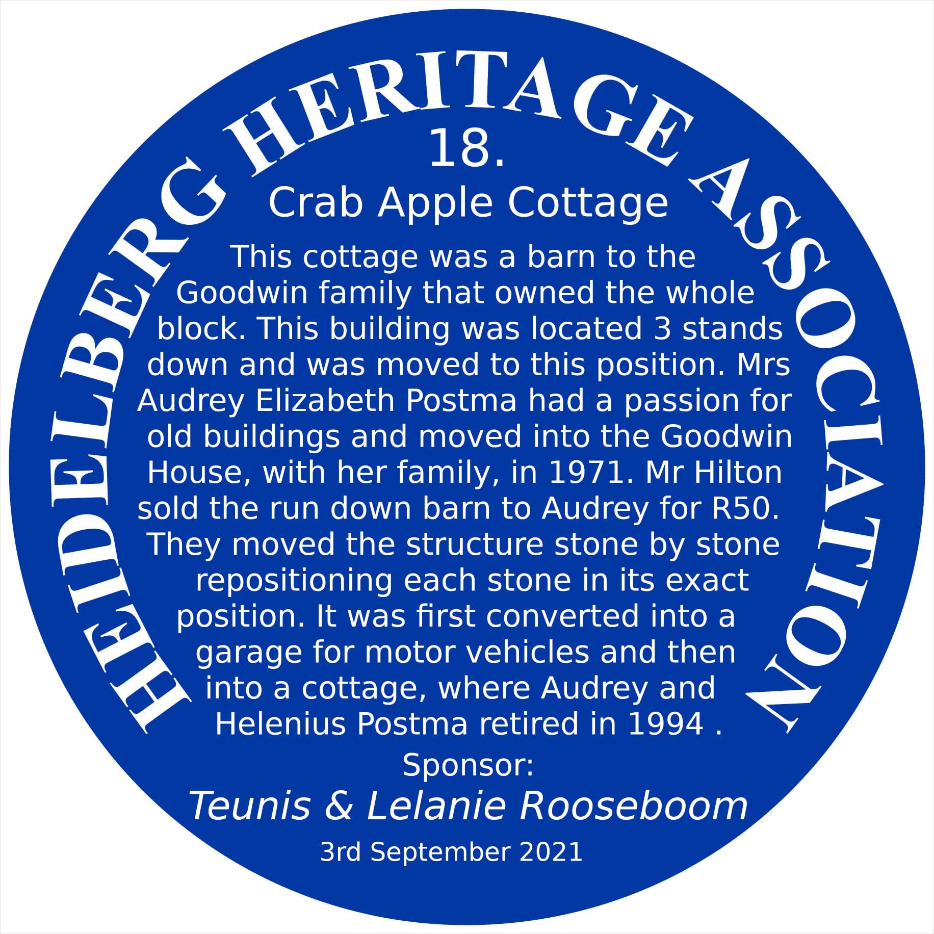 Blue Plaque 18 Heidelberg Heritage Association - Crab Apple Cottage