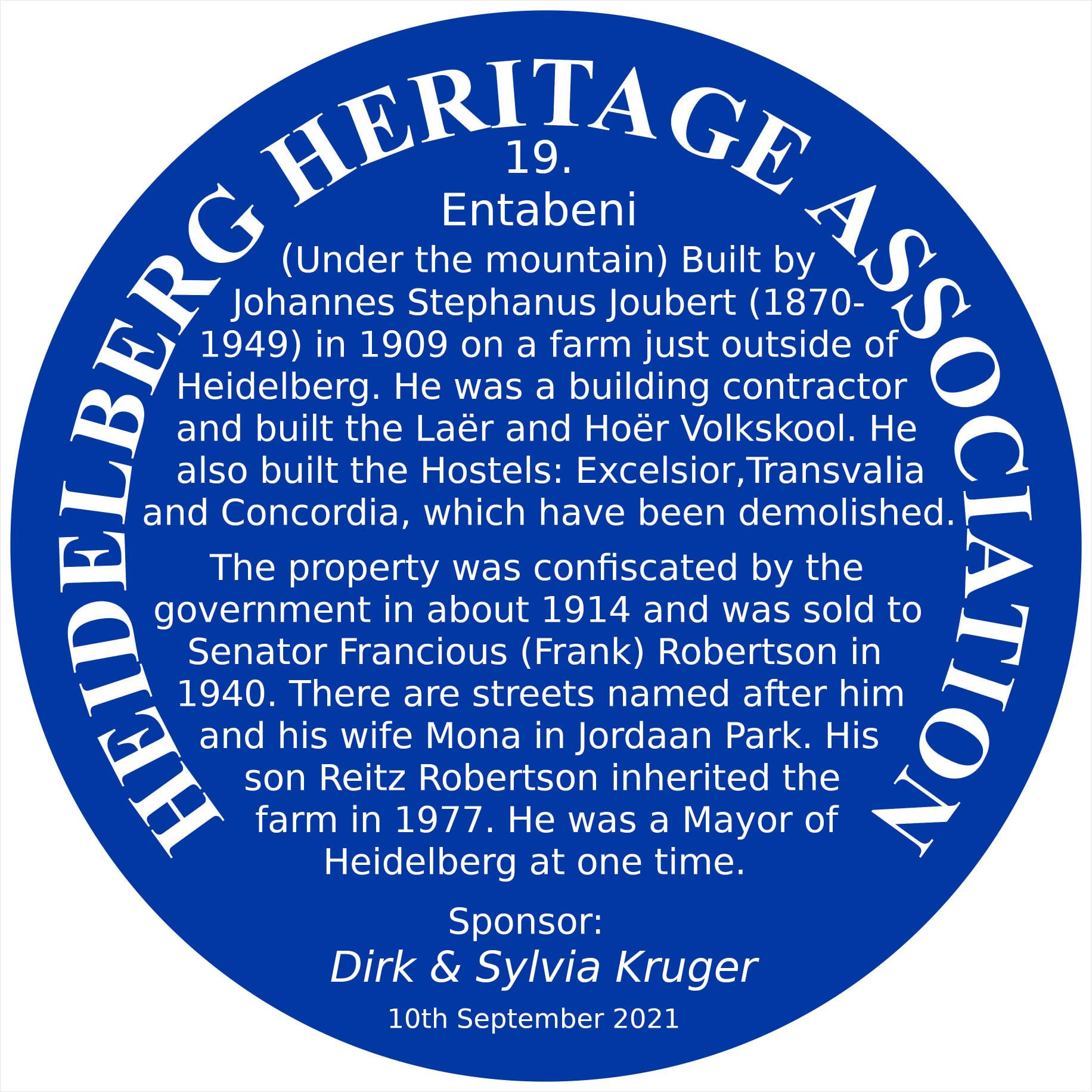 Blue Plaque 19 Heidelberg Heritage Association - Entabeni
