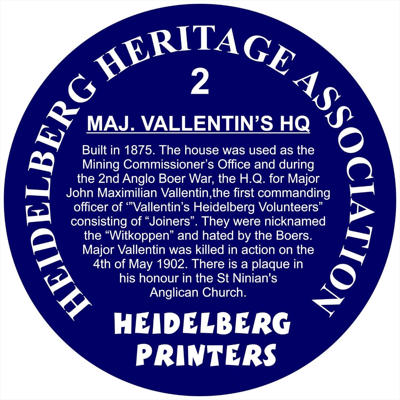 Blue Plaque 2 Heidelberg Heritage Association - Maj Vallentins HQ