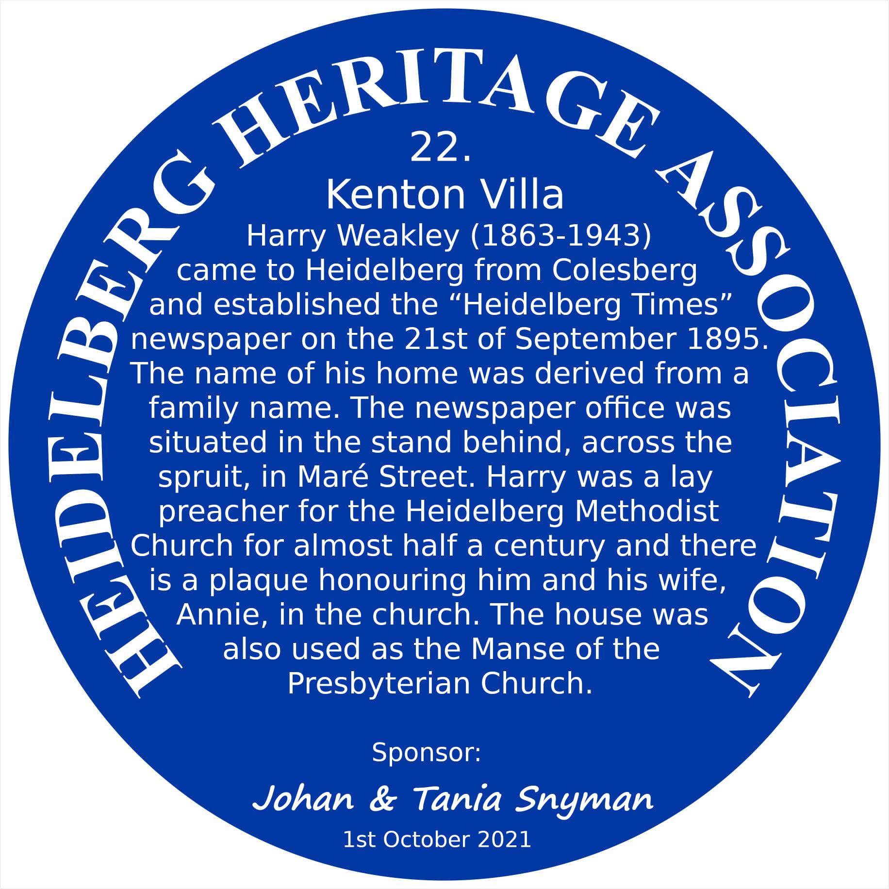 Blue Plaque 22 Heidelberg Heritage Association - Kenton Villa