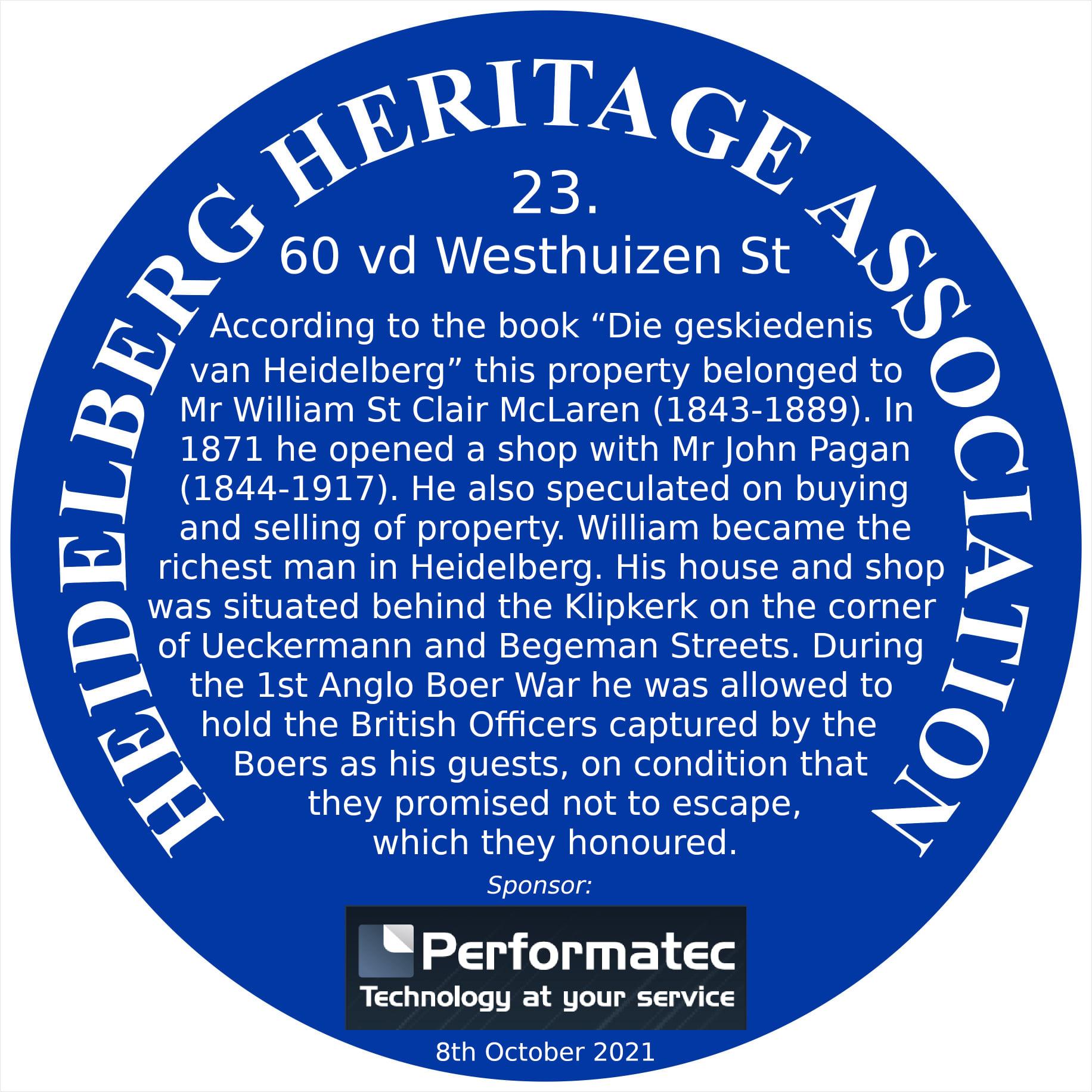 Blue Plaque 23 Heidelberg Heritage Association - 60 vd Westhuizen Street