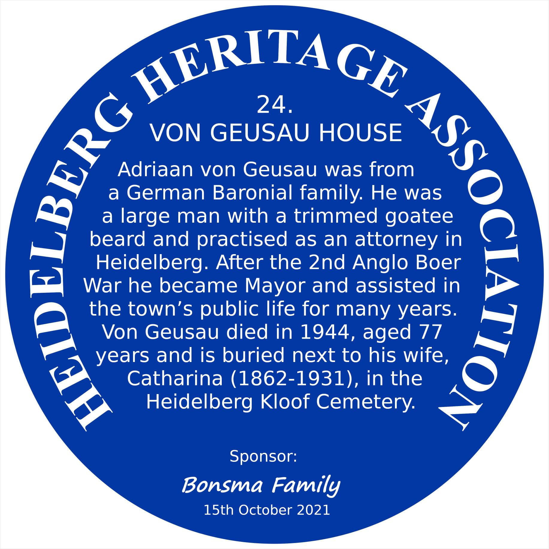 Blue Plaque 24 Heidelberg Heritage Association - Von Geusau House