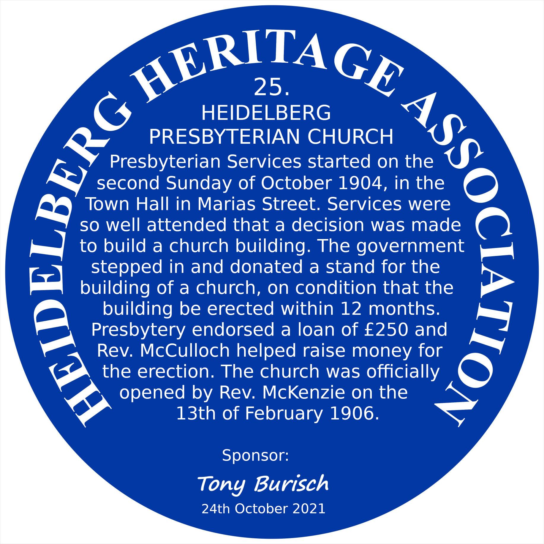 Blue Plaque 25 Heidelberg Heritage Association - Heidelberg Presbyterian Church