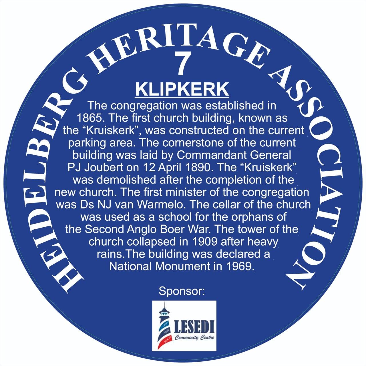 Blue Plaque 7 Heidelberg Heritage Association - Klipkerk