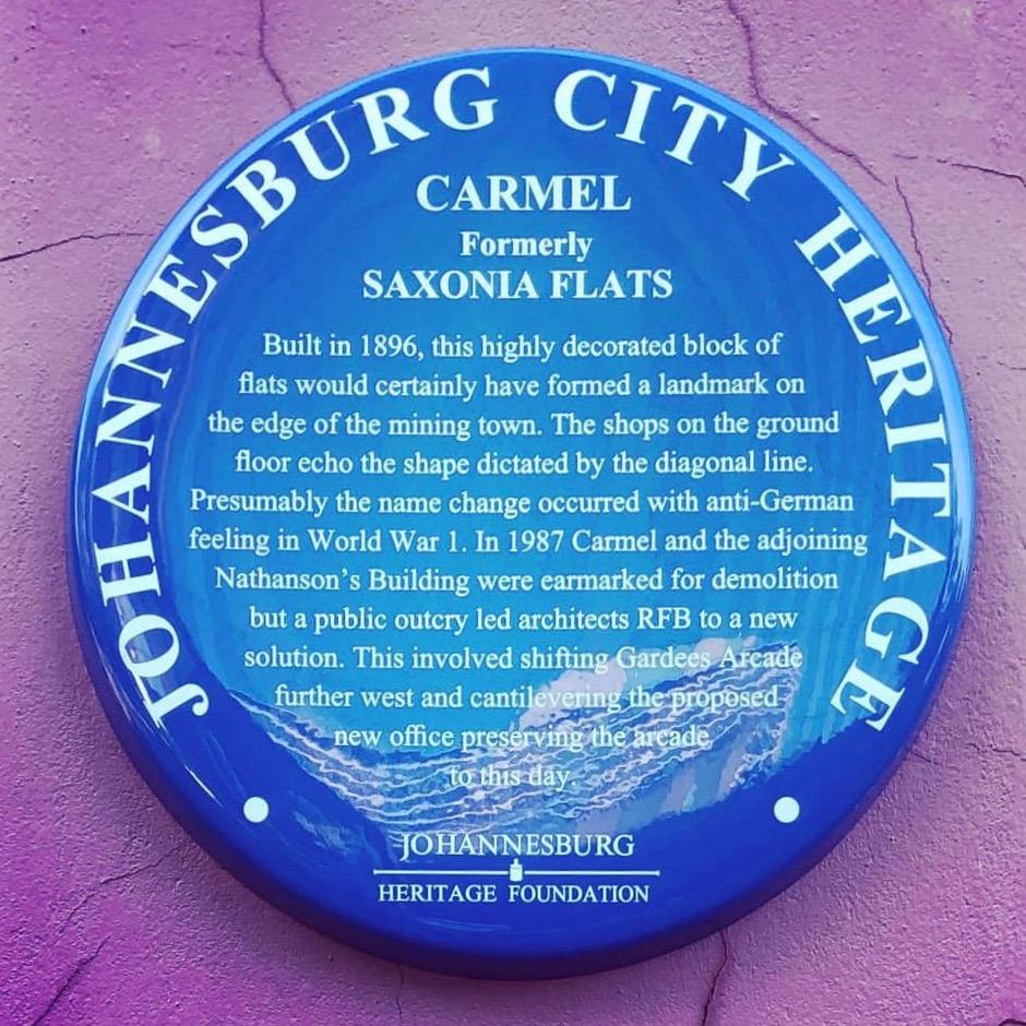 Carmel Building Blue Plaque - Johannesburg Heritage Foundation - 2019