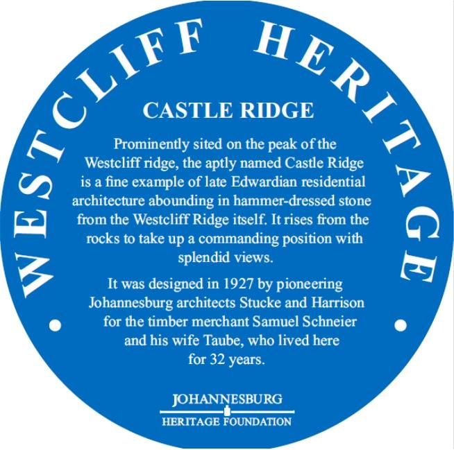 Castle Ridge Blue Plaque Inscription - Johannesburg Heritage Foundation