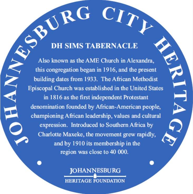 DH Sims Tabernacle Alexandra Blue Plaque Inscription - Johannesburg Heritage Foundation