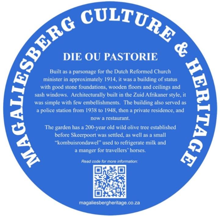Die Ou Pastorie Blue Plaque - Magaliesberg Heritage Die Ou Pastorie Blue Plaque - Magaliesberg Heritage