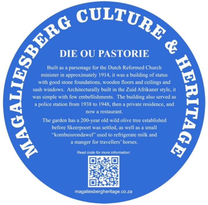 Die Ou Pastorie Blue Plaque - Magaliesberg Heritage