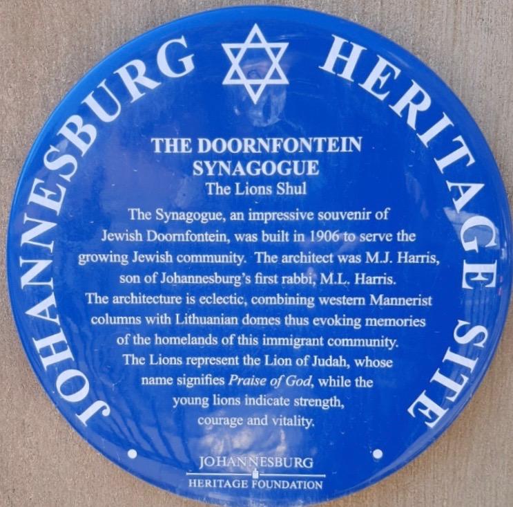 Doornfontein Synagogue Blue Plaque - sourced by Kathy Munro