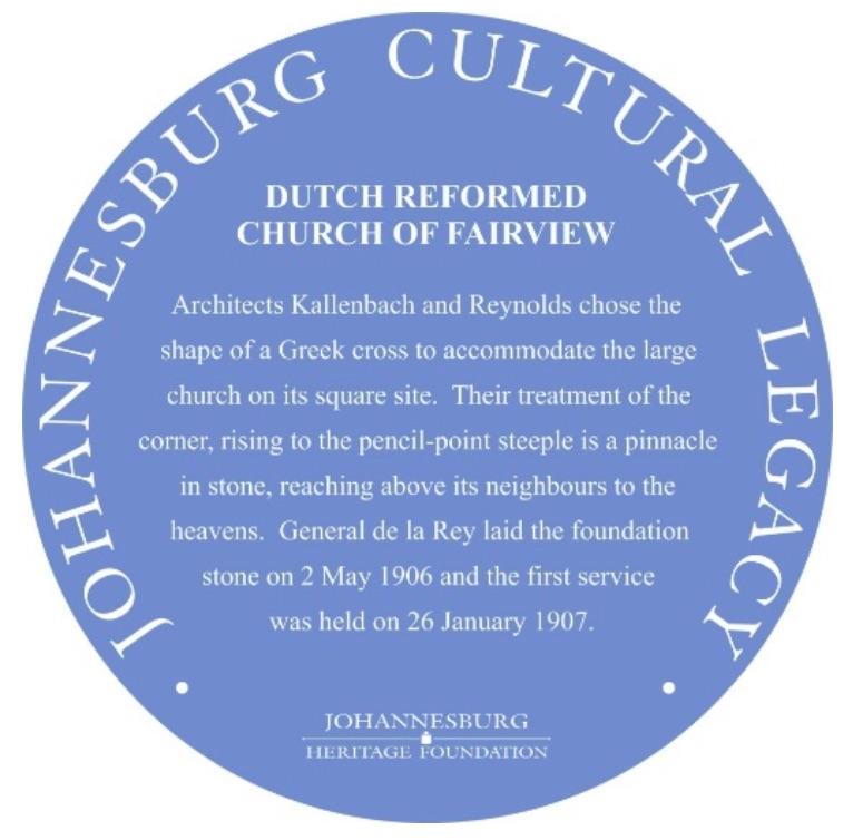 Dutch Reformed Church of Fairview - Blue Plaque - Johannesburg Heritage Foundation
