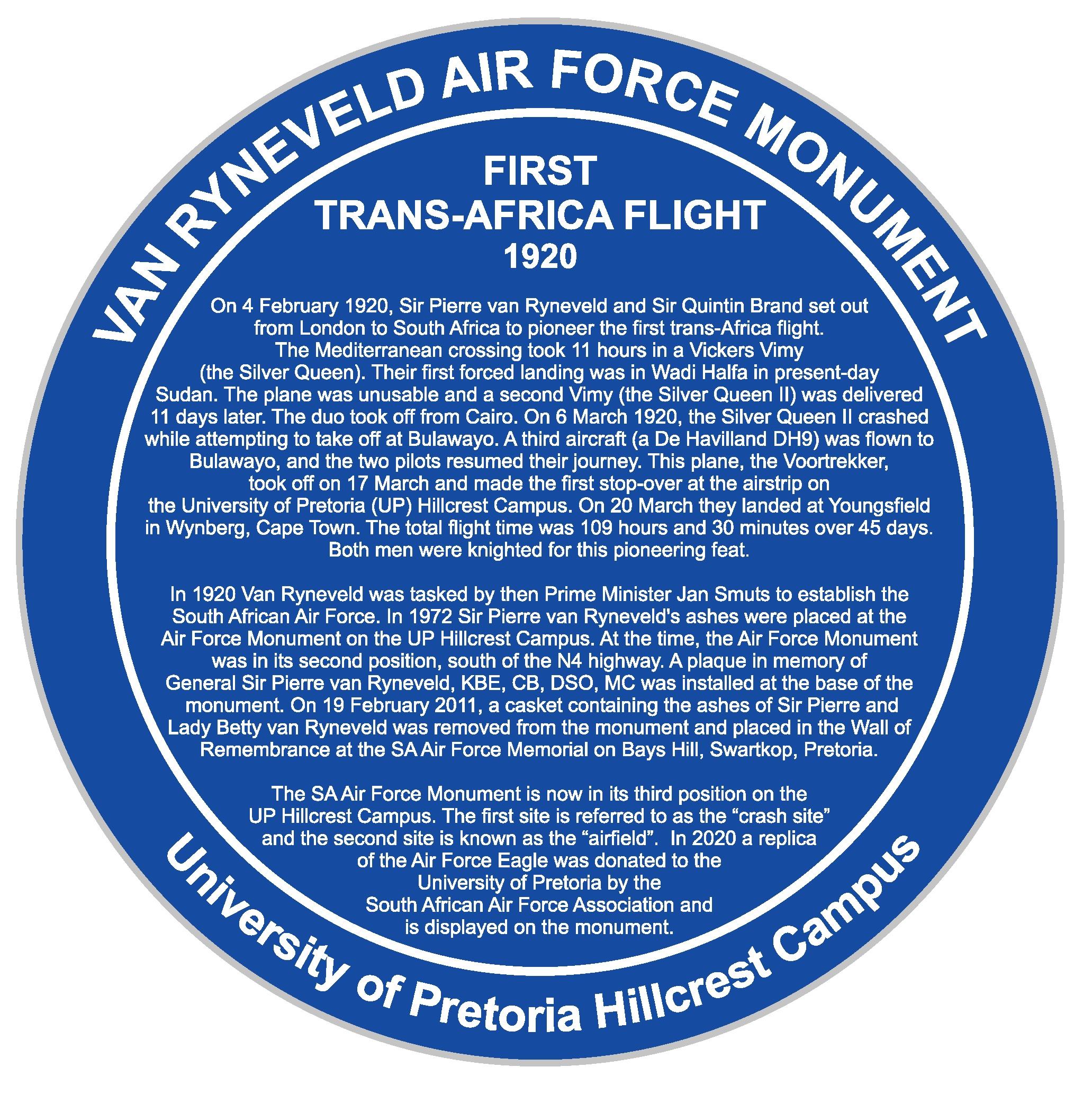 First Trans-Africa Flight 1920 Blue Plaque.jpg First Trans-Africa Flight 1920 Blue Plaque