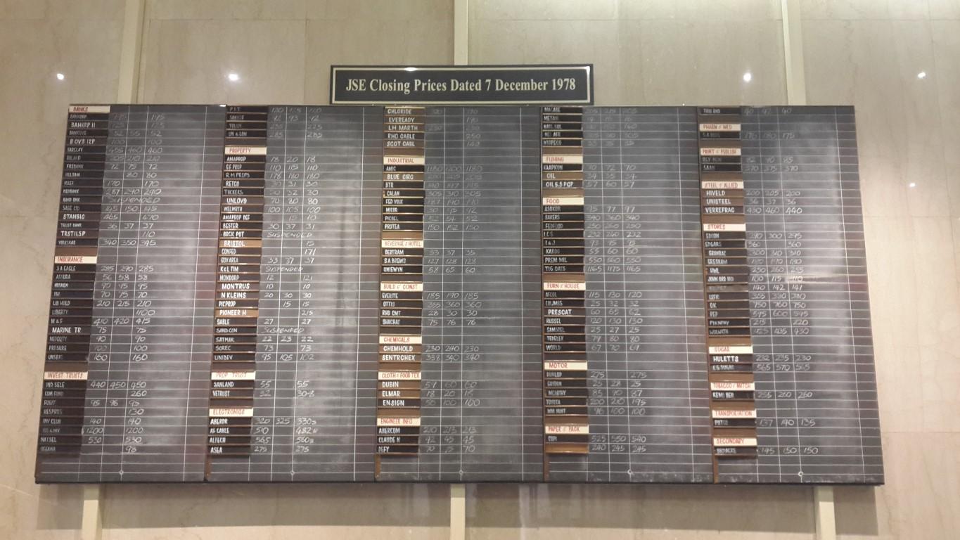 Fourth Johannesburg Stock Exchange - closing prices board - Heritage Portal - 2016
