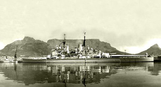 HMS Vanguard in front of Table Mountain via tablemountainca
