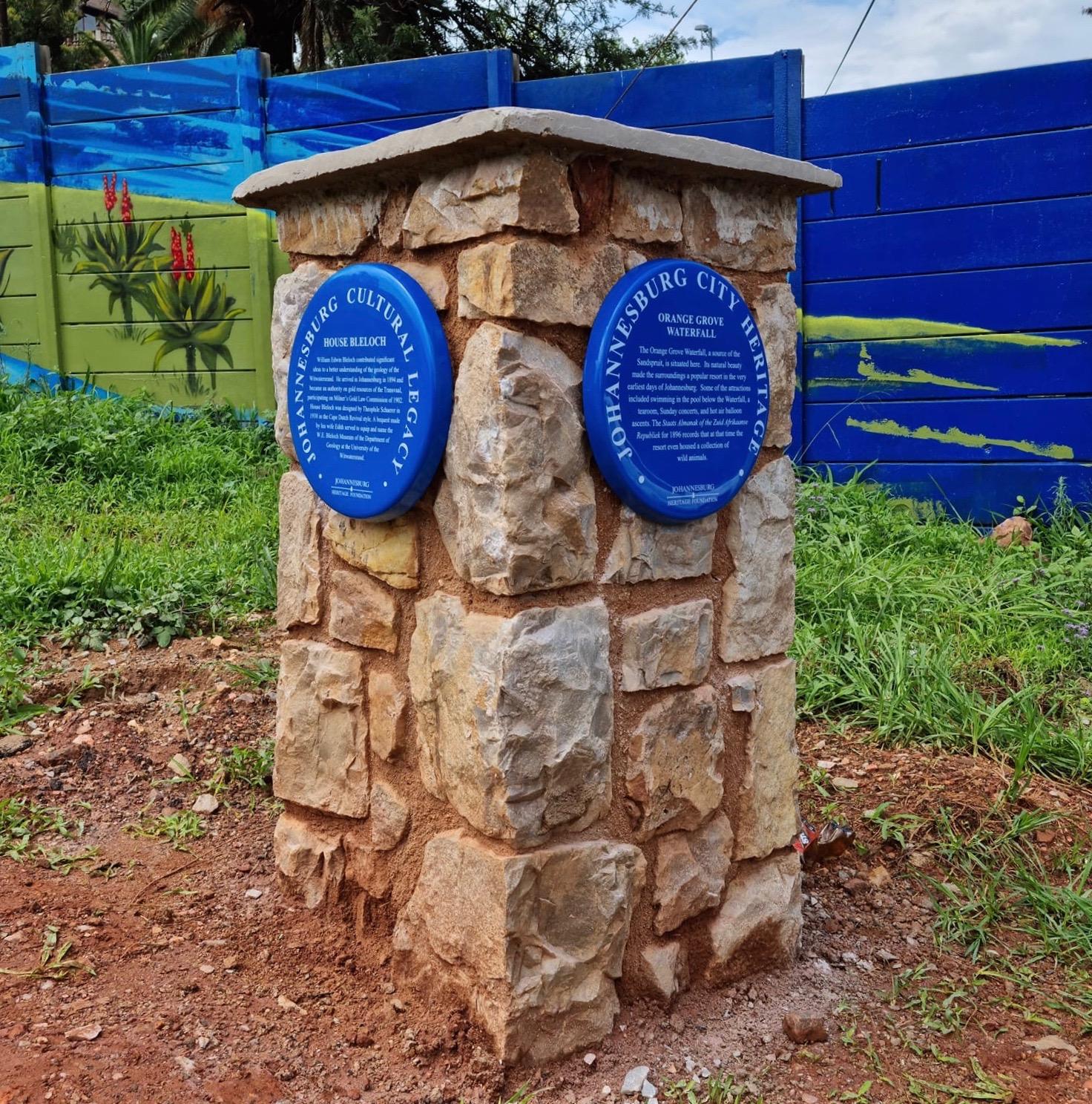 House Bleloch and Orange Grove Waterfall Blue Plaque - Johannesburg Heritage Foundation - 2021
