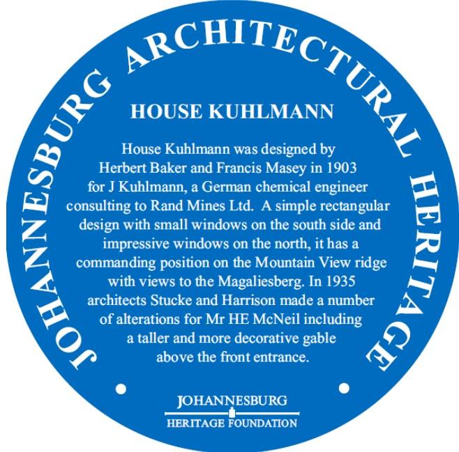 House Kuhlmann Blue Plaque Inscription - Johannesburg Heritage Foundation
