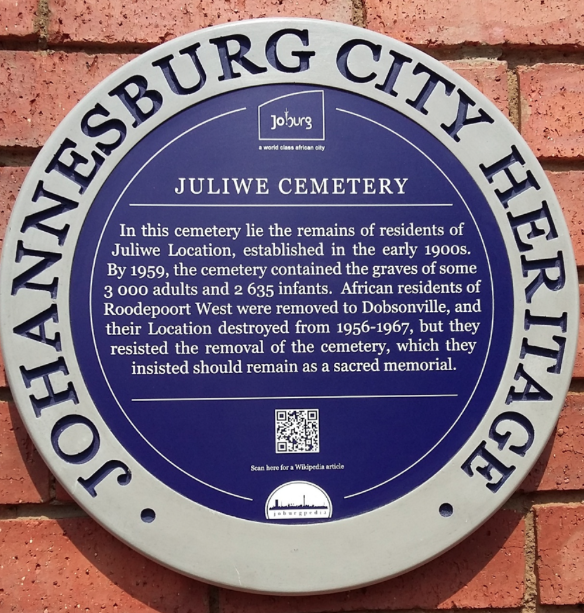 Juliwe Cemetery Blue Plaque - City of Johannesburg