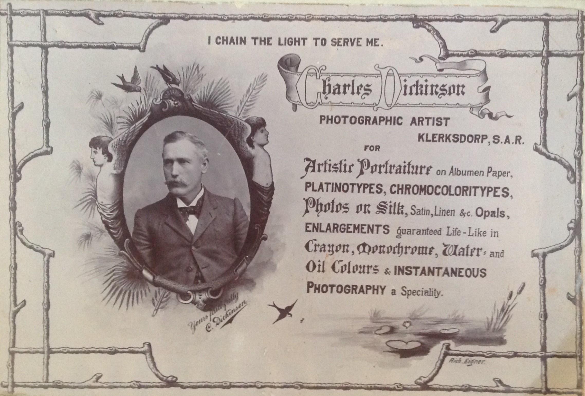Klerksdorp based Charles Dickinson photographic advertising card via Carol Hardijzer