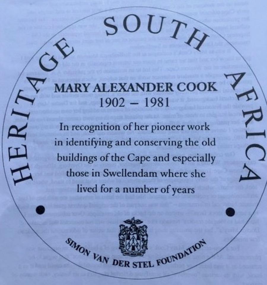 Mary Alexander Cook Blue Plaque - Simon van der Stel Foundation