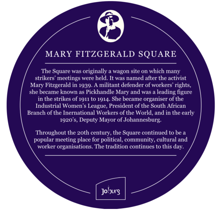 Mary Fitzgerald Square Plaque Inscription - City of Johannesburg